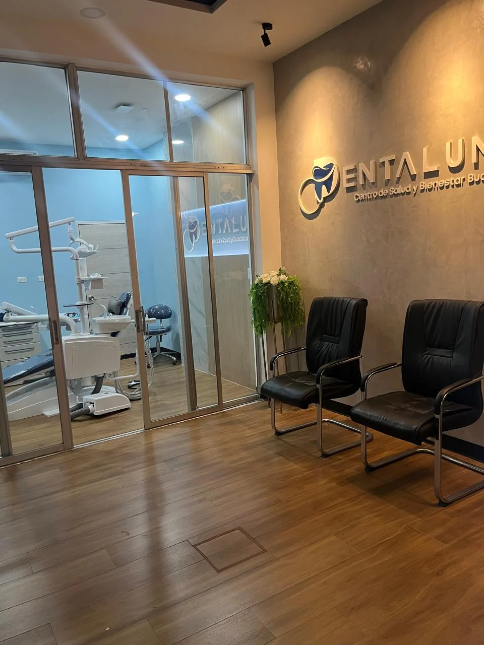 Sala de espera de Dentalum, con el rótulo en la pared y la puerta de cristal a la sala de tratamiento